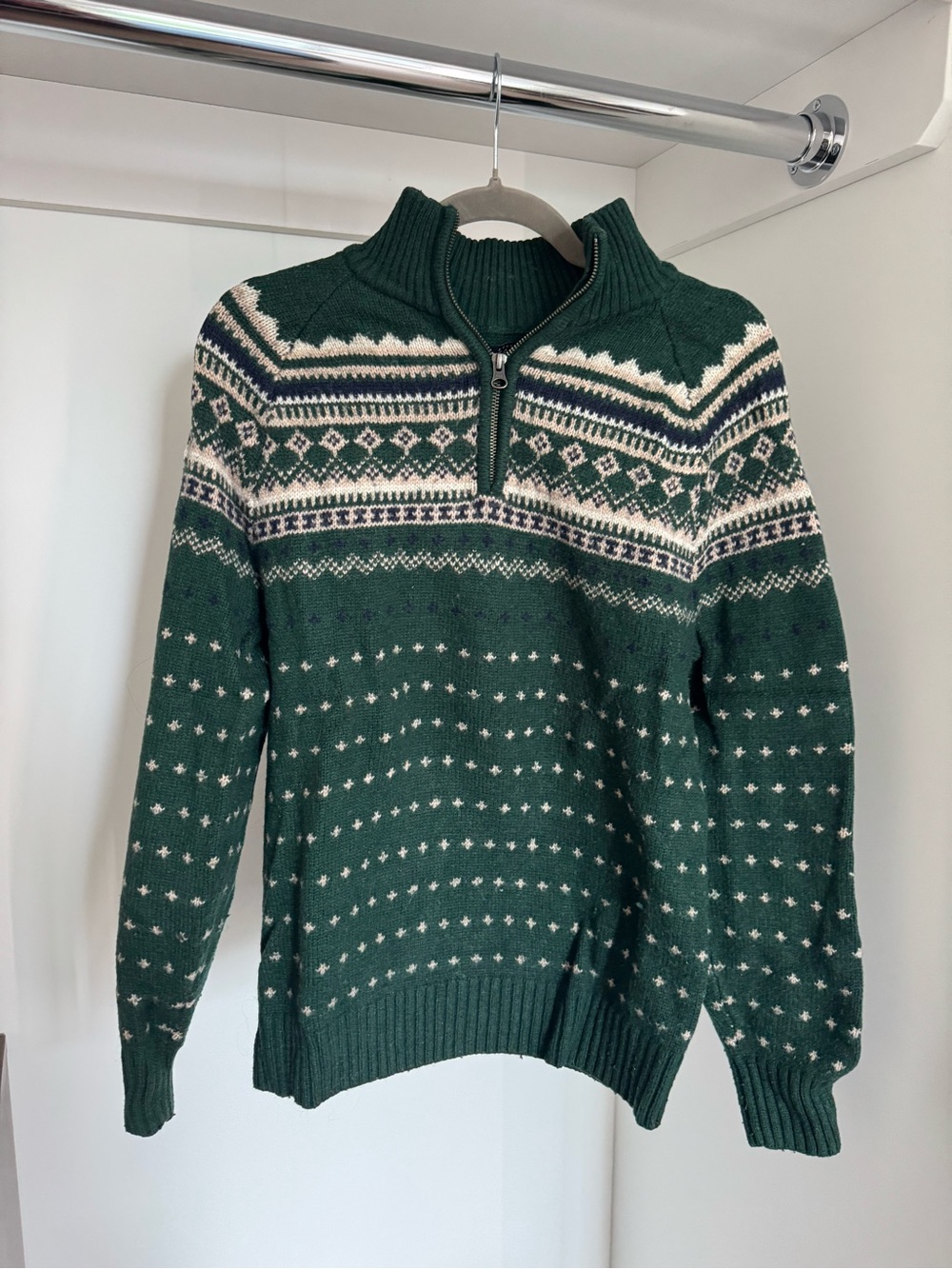 Vintage J. Crew Dark Green Fair Isle Half-Zip Sweater